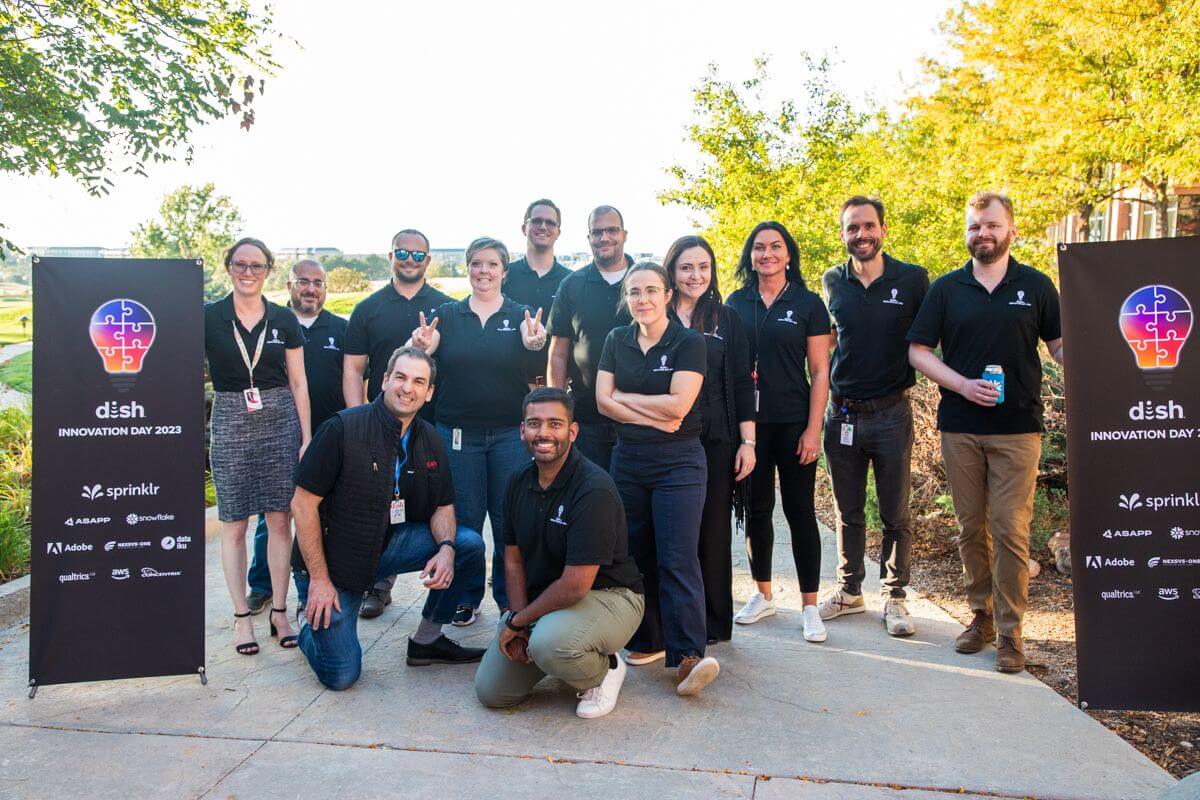 Our DISH and Sling team members at Corporate Headquarters in Englewood, CO pose for a celebratory photo from the 2023 Innovation Day.