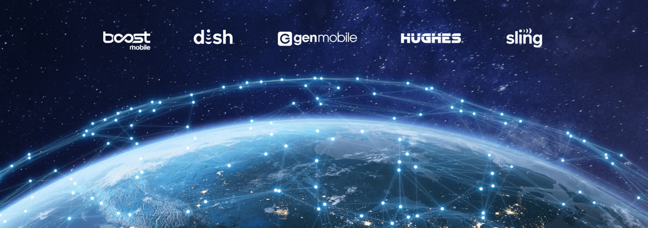 An image highlighting EchoStar’s portfolio of brands including Boost Mobile, DISH TV, Gen Mobile, Hughes and Sling TV.
