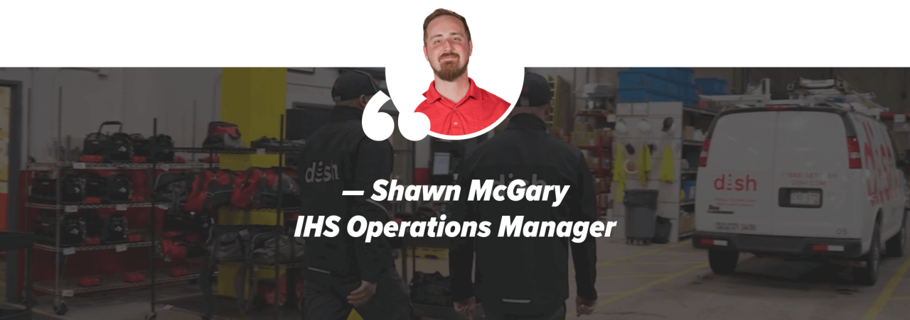 Headshot of EchoStar Operations Manager, Shawn McGary over a background of a DISH facility.