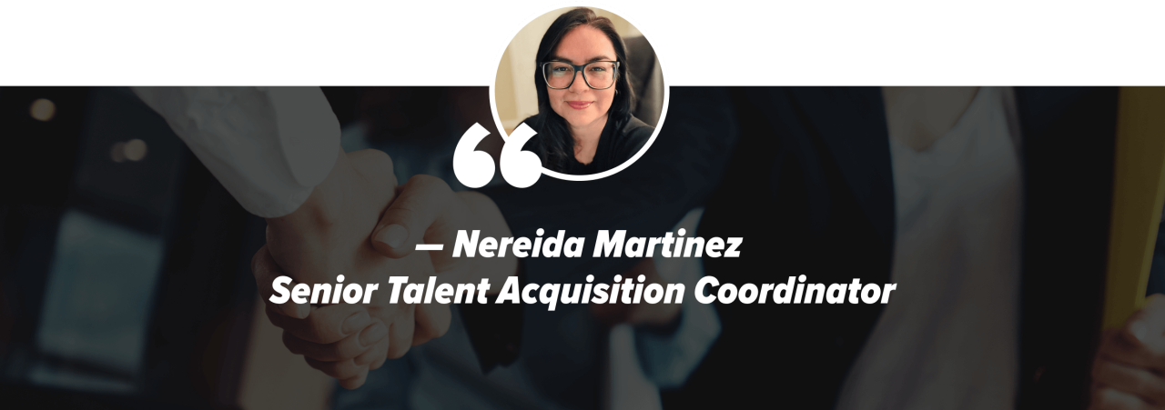 A headshot of Nereida Martinez in front of a background of customer service agents engaged in their work.