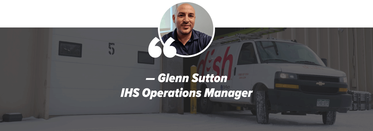 A headshot of Glenn Sutton over a background image of technicians driving a DISH van.