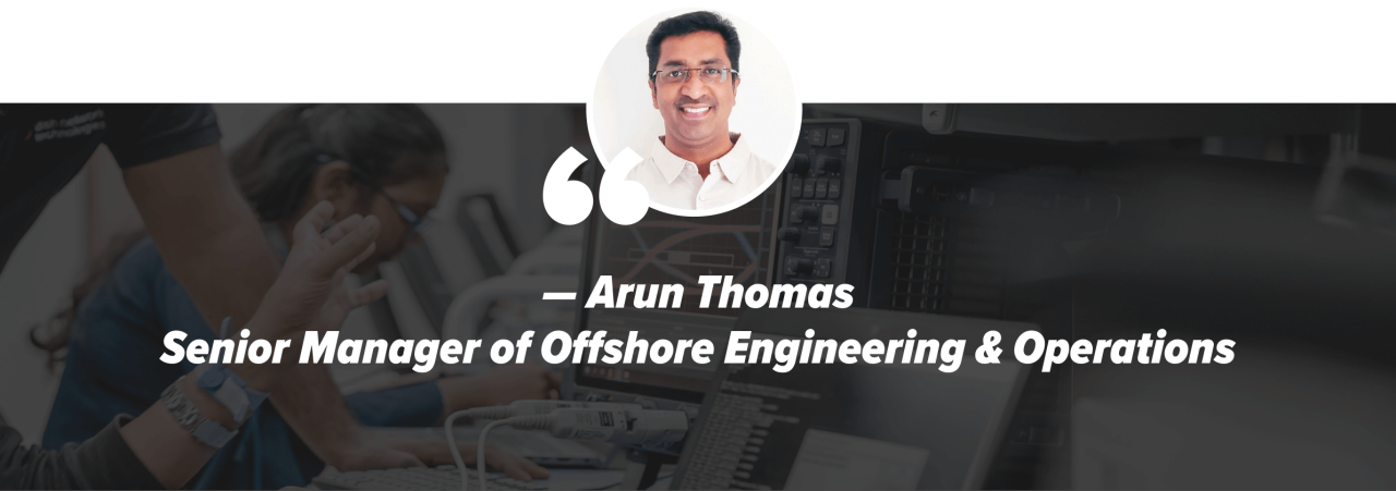 A headshot of Arun Thomas in front of a background of the DISH Network Technologies office locations.