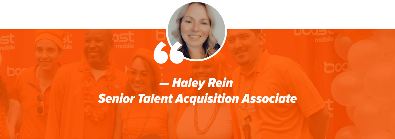 A headshot of Haley Rein in front of a background of Boost Mobile team member