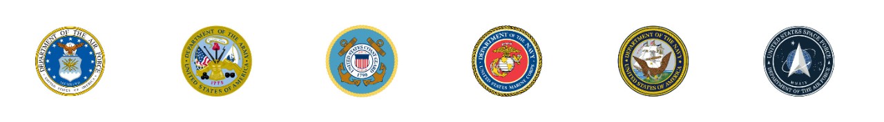Military seals for the Air Force, Army, Coast Guard, Marine Corps, Navy, and Space Force