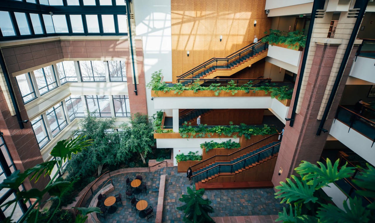Beautiful plant-filled atrium at DISH corporate headquarters, Englewood, CO
