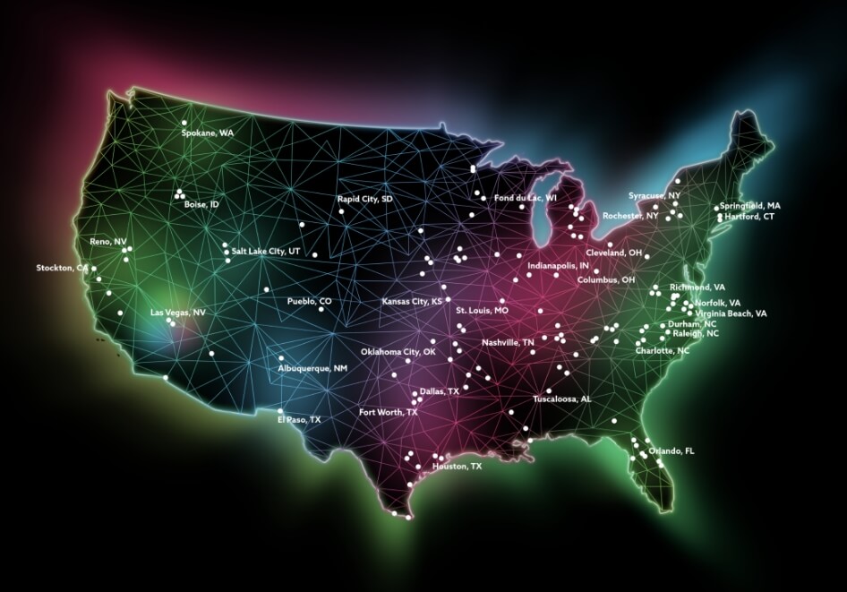 Colorful map of United States highlighting cities connected to America’s First Smart Network